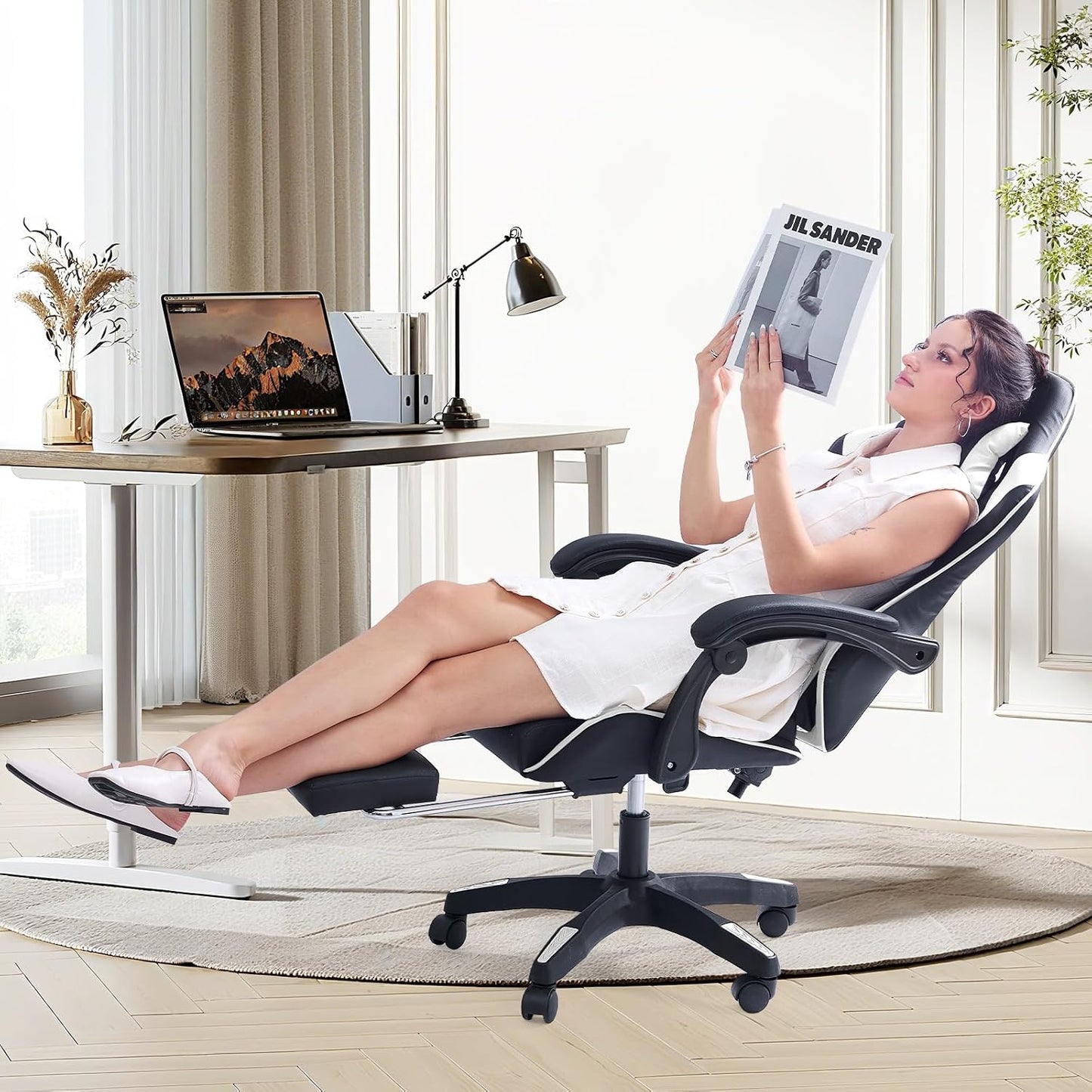 Gaming Chair with Footrest Office Chair Desk Chair Swivel Tilt Computer Chair Ergonomic Design with Headrest & Lumbar Cushion Reclining Back Support for Home Office (White)