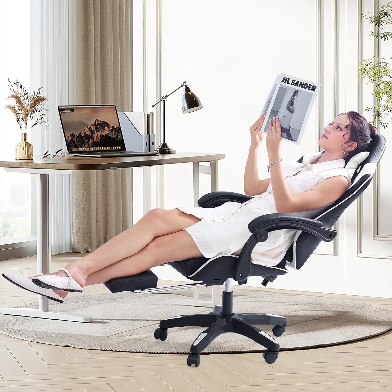 Gaming Chair with Footrest Office Chair Desk Chair Swivel Tilt Computer Chair Ergonomic Design with Headrest & Lumbar Cushion Reclining Back Support for Home Office (White)