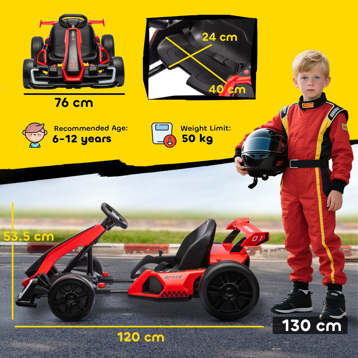 HOMCOM 24V Electric Go Kart for Kids with Adjustable Seat, Red