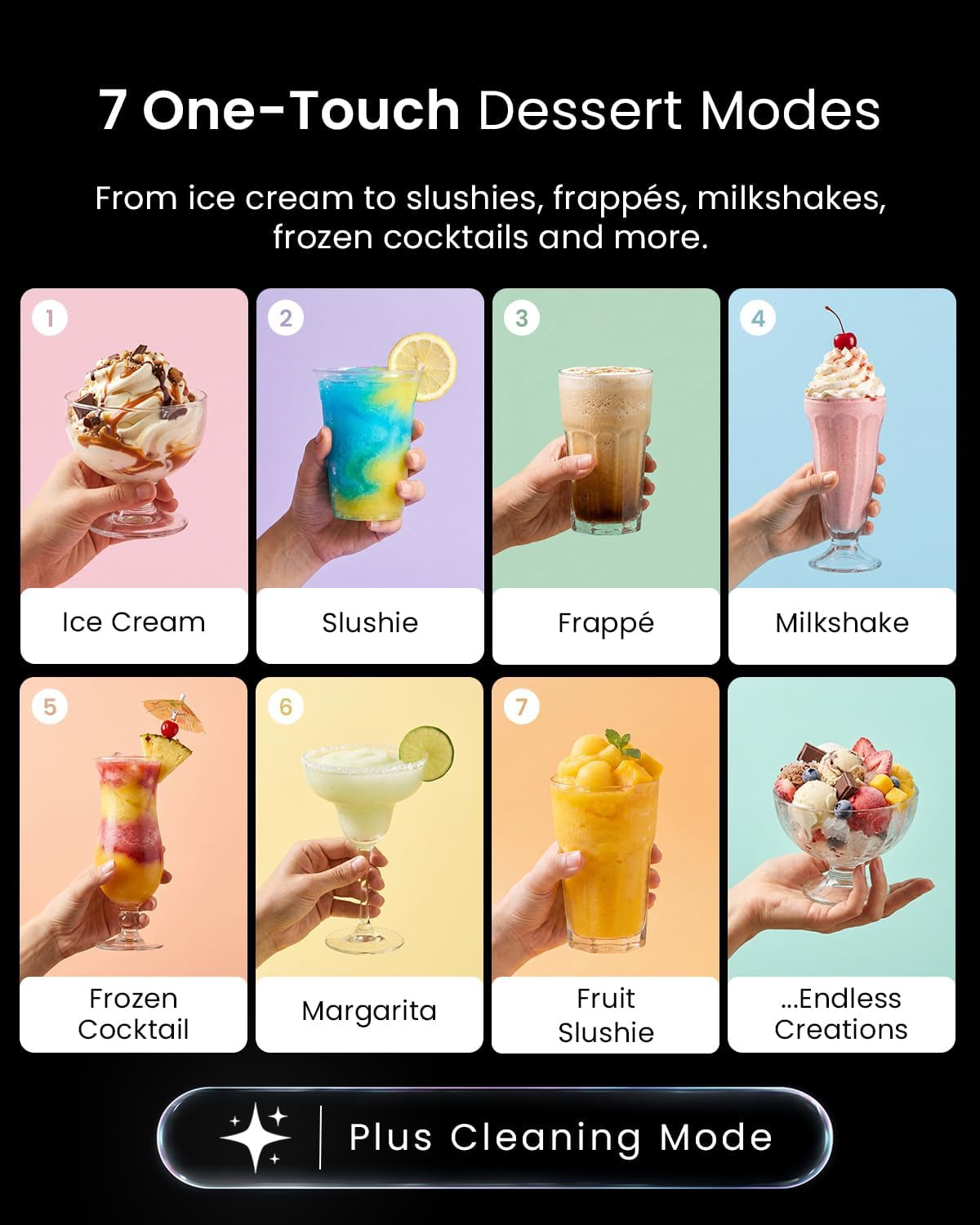 Easyfreezy® Ice Cream Maker & Slushie Machine (7 Presets) - No Pre Freezing Needed, Ready in 20Mins - Soft Serve, Milkshakes, Frappe, Frozen Drinks, Cocktails, Slushies & Chilled Desserts