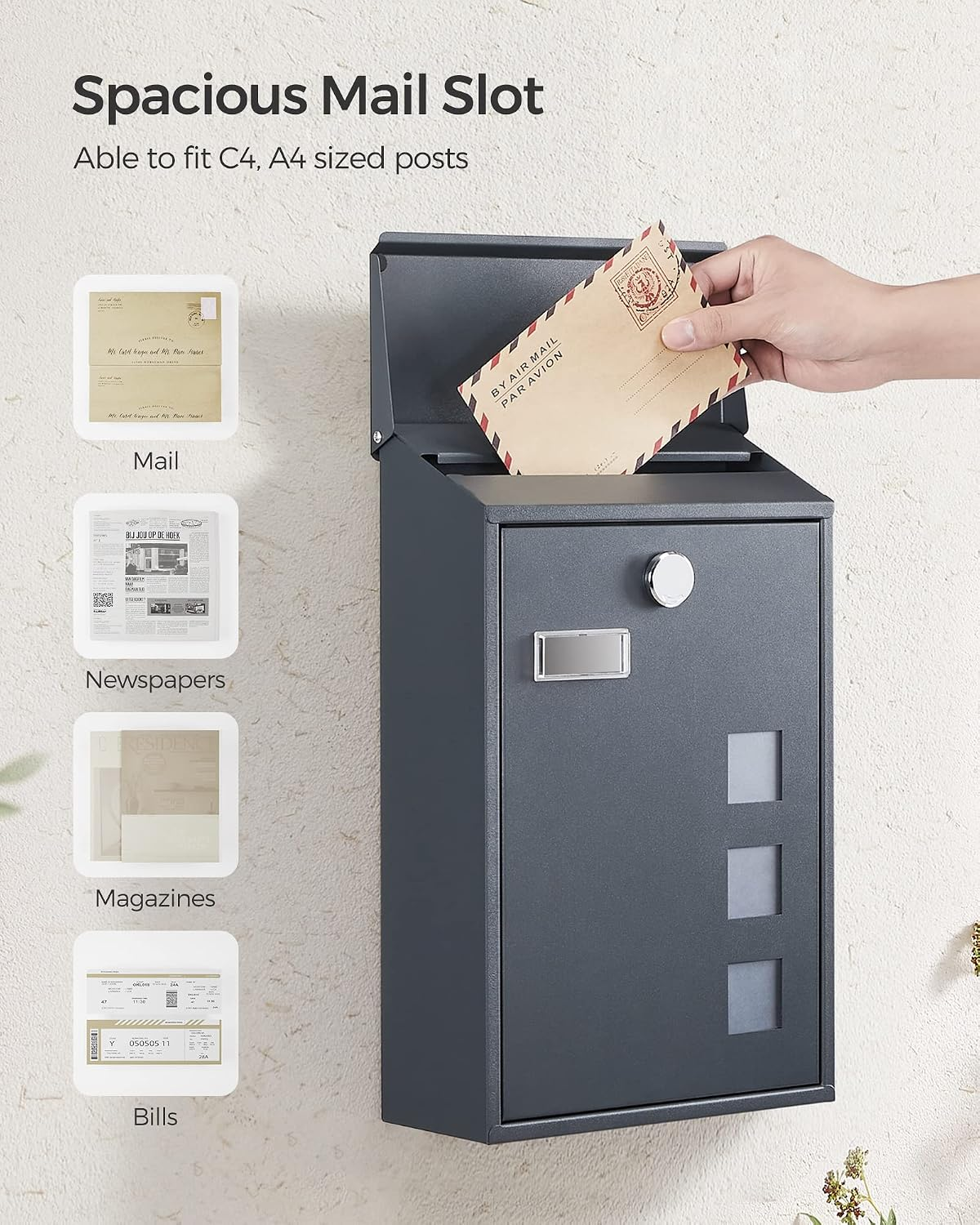 Post Box, Wall Mounted Letterbox, Viewing Windows, Nameplate