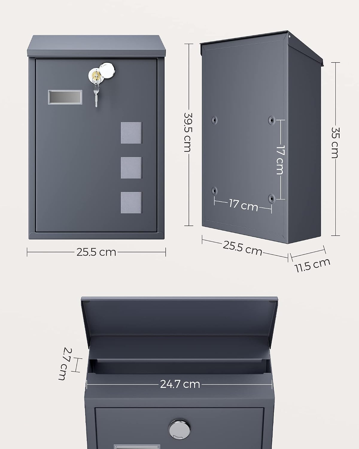 Post Box, Wall Mounted Letterbox, Viewing Windows, Nameplate